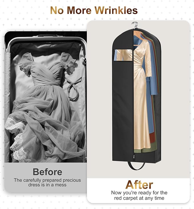 MISSLO 65" Long Garment Bags for Travel for Women 4" Gusseted Dress Bags for Gowns Waterproof Dress Protector Bag for Closet Storage Clothing Covers for Hanging Clothes Wedding Dresses Storage
