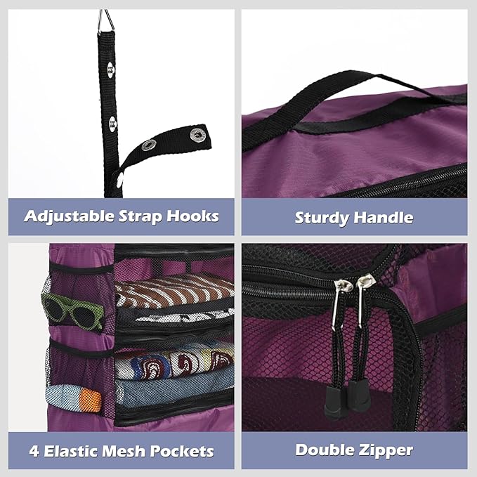 Surblue Travel Hanging Luggage Organizer Portable Suitcase Closet Organizer Multiple Compartments Collapsible Compression Packing Cubes Shelf, Purple, M