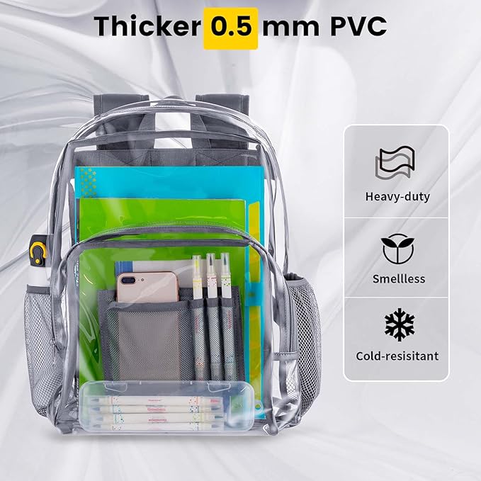 Vorspack Clear Backpack Heavy Duty PVC Transparent Backpack with Reinforced Strap Stitches & Large Capacity for College Workplace Security - Grey