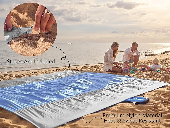 WEKAPO Beach Blanket Sandproof Waterproof, Extra Large Beach Mat, Oversized & Compact Sand Free, Quick Drying Beach Essentials for Vacation, Cruise, Picnic & Camping with Stakes