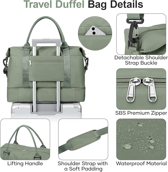 Overnight Weekender Bags for Women,Vacuum Travel Duffel Bag with Air Pump, Personal Item Travel Bag with Shoes Compartment & Compression Pocket,Olive Green