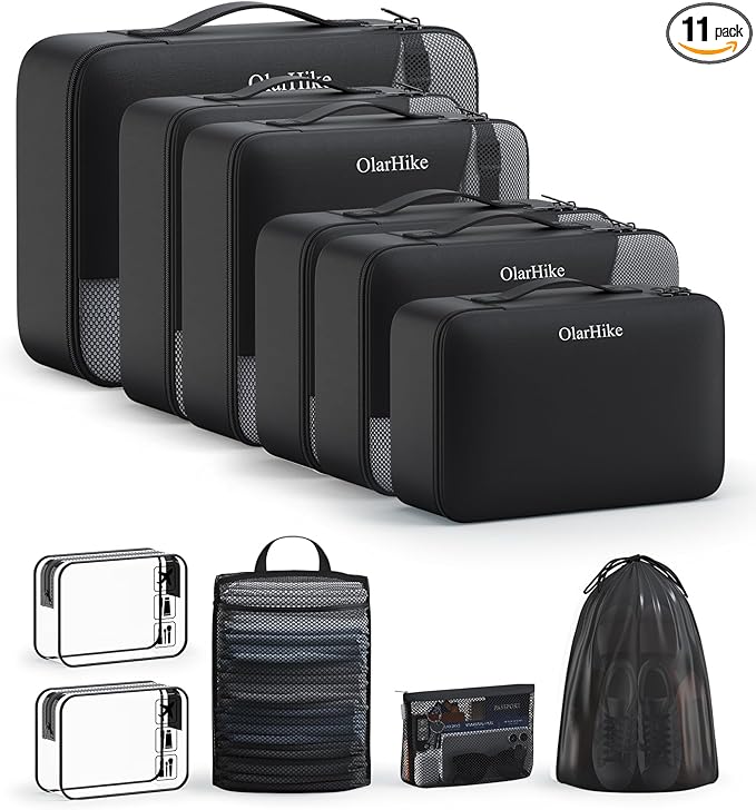 11 Set Packing Cubes for Travel, Gifts for Women Mom Kids, TSA Approved Bags for Makeup, Cosmetic, Toiletry, Suitcase Organizers for Checked Luggage, Cruise Essentials, Airplane Accessories, Black