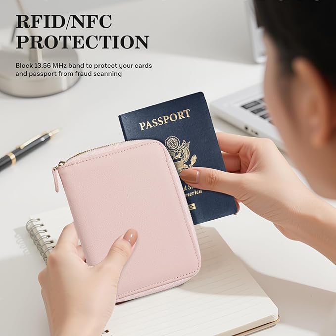 CoBak Passport Holder Cover with Safe Zipper Closure, Premium Passport Wallet for Travel, RFID Blocking Card Case, Waterproof Travel Accessories for Women, Pebbled Pink