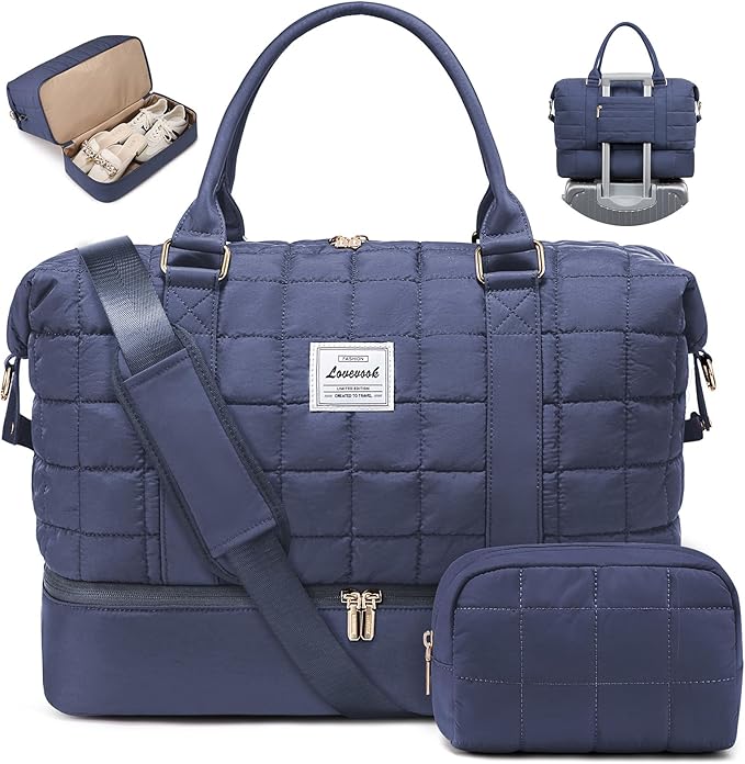 LOVEVOOK Travel Duffel Bag - Versatile Weekender Bag for Women, Puffer Carry On & Overnight Bag for Short Trips, Dark Blue