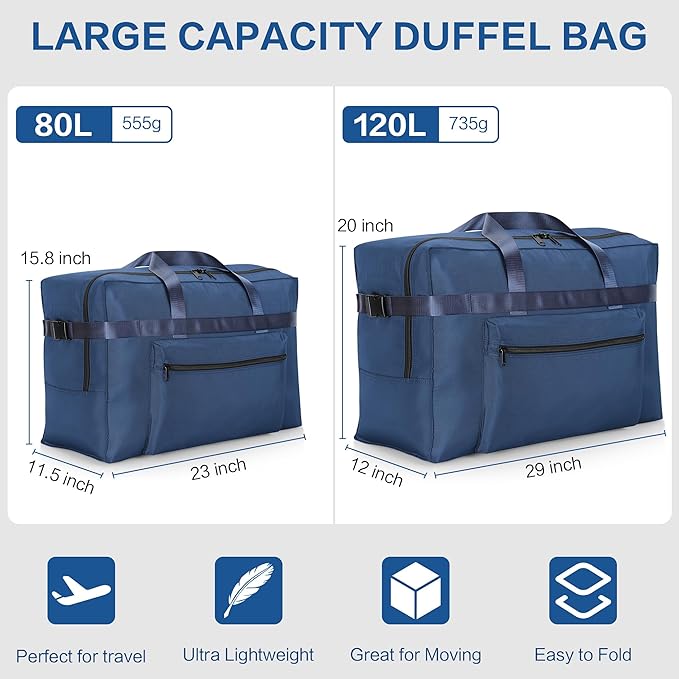 Hafmall Extra Large 120L Foldable Duffel Bag for Travel, Waterproof Weekend Overnight Bag, Large Collapsible Storage Bag for Moving, Camping (Blue)