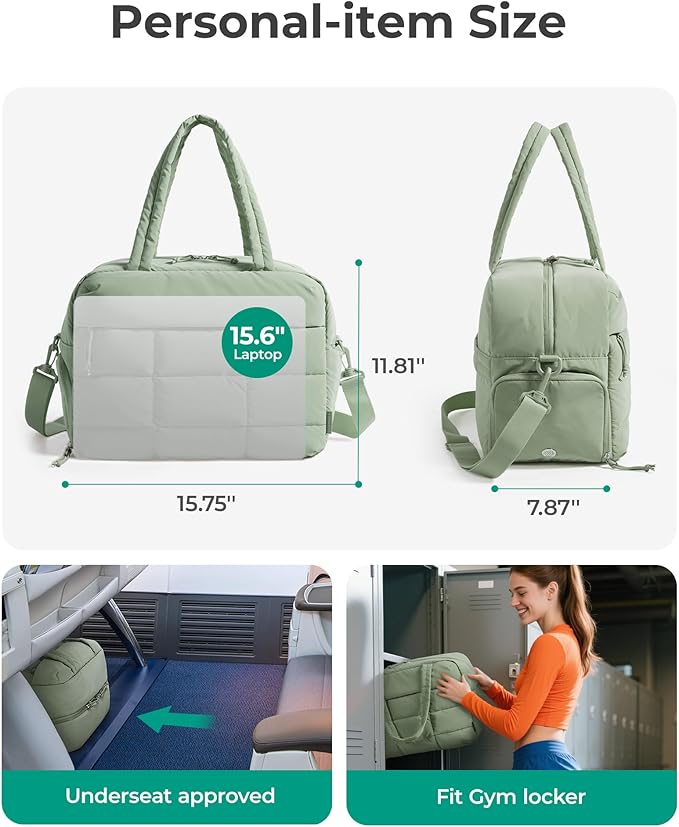 BAGSMART Gym Bag for Women, Carry on Travel Duffel Bag, Water-resistant Weekender with Shoe Compartment for Gym Travel Work, Green, Medium
