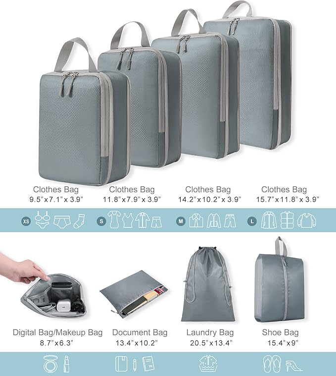 WOOMADA Compression Packing Cubes for Suitcases Travel Essentials 8 Set Expandable Travel Bags Organizer for Luggage(concrete grey)