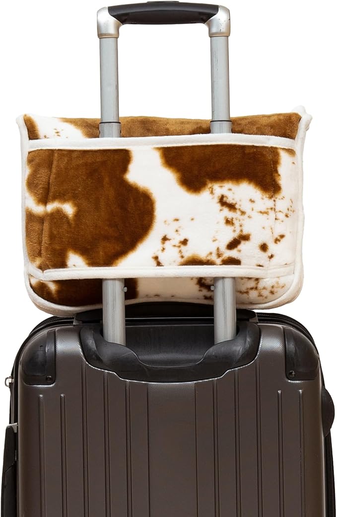 CARSTENS, INC. Travel Blanket, Premium Compact 2-in-1 Airplane Blanket/Pillow, Cow Print
