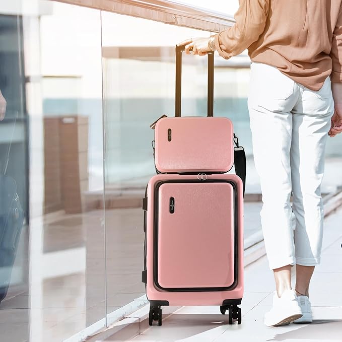 20 Inch Carry On Luggage 22x14x9 Airline Approved, Carry On Suitcase with Wheels, Hard-shell Carry-on Luggage, Durable Luggage Carry-On, Pink Small Suitcase with Cosmetic Case
