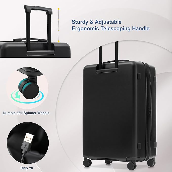 Merax Luggage Sets 5 Piece,Front Open Hardshell Expandable Suitcase with Spinner Wheels and Duffel Bags,Lightweight Carry on Luggage with USB Port,20/24/28IN,Black