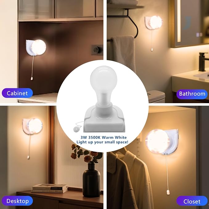 Stick up Closet Light Bulb, 2Pack Battery Operated Bulbs with Pull Chain | Zwesanii Wireless LED Lights Self Adhesive Wall Mounted Fixtures for Cabinet Bedroom Hallway, Clear Cover, Warm White,3W