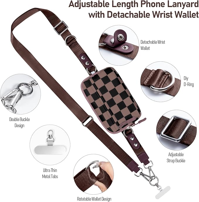 Tiostep Clip and Go Strap for Phone with Wallet Crossbody Phone Lanyard and Detachable Checkered Bag with ID Window and RFID Pouch for Daily Travel.