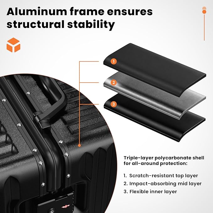 Carry on Luggage, 20 Inch Aluminum Frame PC Hardshell Suitcase with Cup Holder & Charger Port, Airline Approved Weekend Business Travel Case with Spinner Wheels, Tsa Lock