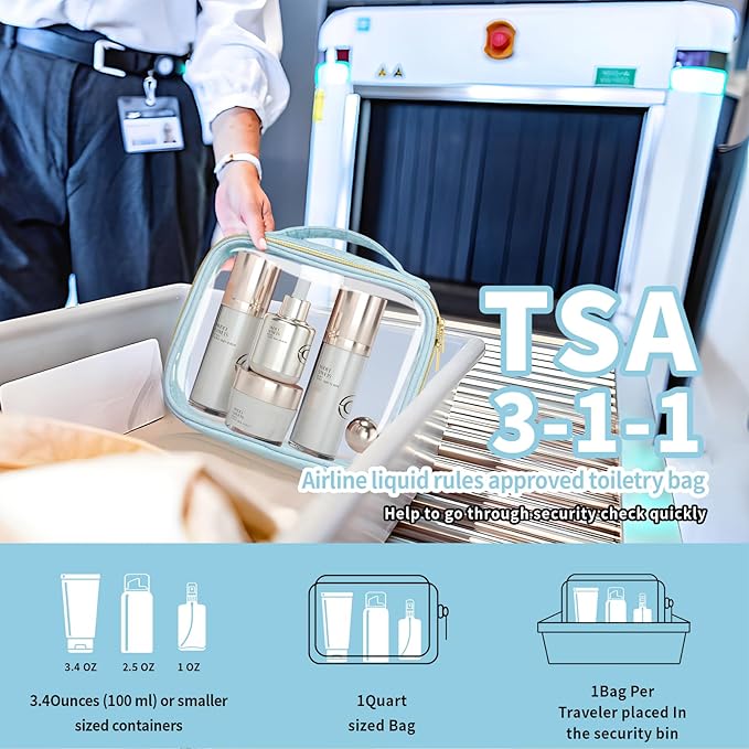 TSA Approved Travel Toiletry Bag,3 Pack Clear Makeup Bags with Handles,Quart Size Clear Cosmetic Bags for Traveling Women,Men,Carry on Airport Airline Compliant Bag,Blue