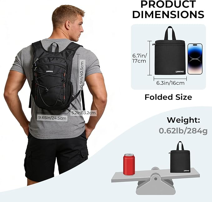 13L Small Hiking Backpack for Women Men, Lightweight Foldable Day pack, Packable Daypack for Travel, Camping (Black)