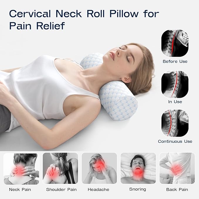 Neck Roll Pillow for Neck Pain Relief - Memory Foam Neck Support Pillow for Bed | Round Neck Pillow for Sleeping, 15.7 * 6 * 6 inch (Cool-Blue)