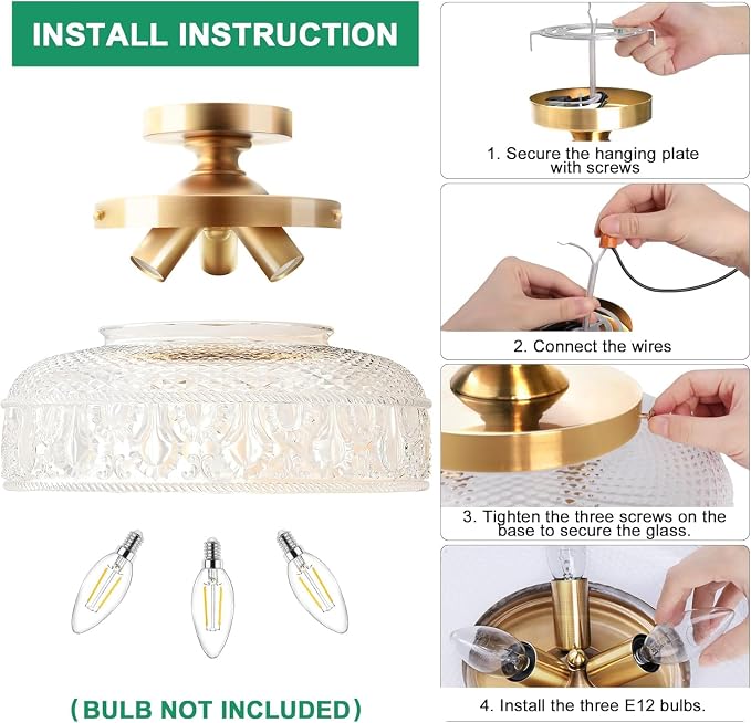 Lamomo Semi Flush Mount Ceiling Light, Upgraded Larger 12 Inch Golden Hallway Light Fixture, 3 Light Globe Glass Close to Ceiling Scone,Indoor Hanging Light for Bedroom Kitchen Porch Hallway