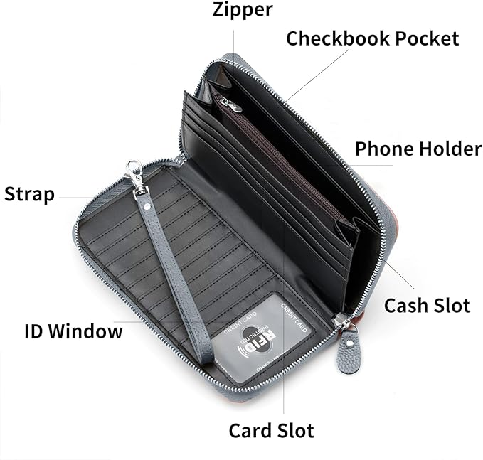 Moflycom Womens Wallet RFID Blocking Genuine Leather Multi Credit Card Large Capacity Zip Around Clutch Travel Purse Wristlet