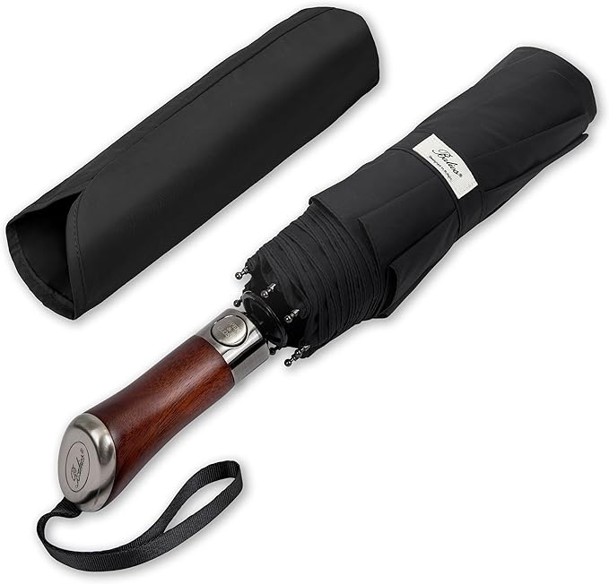 Balios (Designed in UK) Travel Umbrella Luxurious Golden Hardwood Handle Auto Open & Close Windproof Frame Single Canopy Automatic Folding Umbrella Men's & Ladies