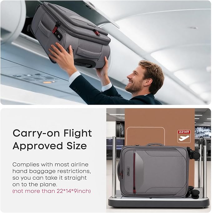 Carry on Luggage 22 X 14 X 9 Airline Approved,22 Inch Softside Suitcases w/TSA LOCK,Lightweight Carry-On Suitcase w/Spinner Wheels,Upright Softshell Luggage for Men/Women（Grey,22in）