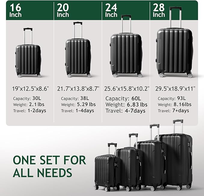 Karl home 4 Piece Luggage Sets Travel Suitcase, Large Capacity Lightweight Luggage Sets with TSA Lock & Spinner Wheels, for Business Trip School Starts (16"/20"/24"/28"), Black
