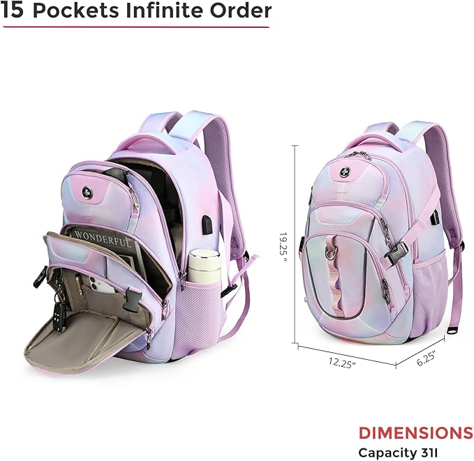 Swissdigital Laptop Backpack with USB Charging Port, Travel Backpack Fits 15.6 inches Computer, 31L Backpack for Women, Pink Purple | SD803-104