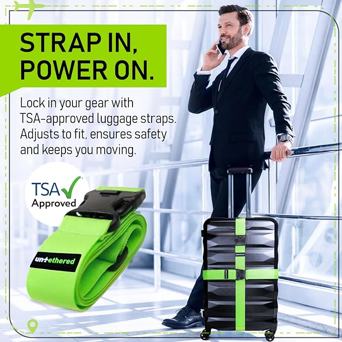 Untethered Luggage Straps | TSA-Approved Suitcase Belts with Heavy-Duty Buckles. Secure Adjustable Travel Accessories for Checked Bags. 4-Pack