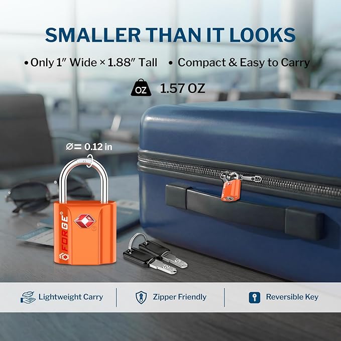 Forge TSA Approved Luggage Locks: Ultra Secure Dimple Key Travel Locks with Zinc Alloy Body, for Luggage, Travel Cases, Backpacks Orange 2PK.