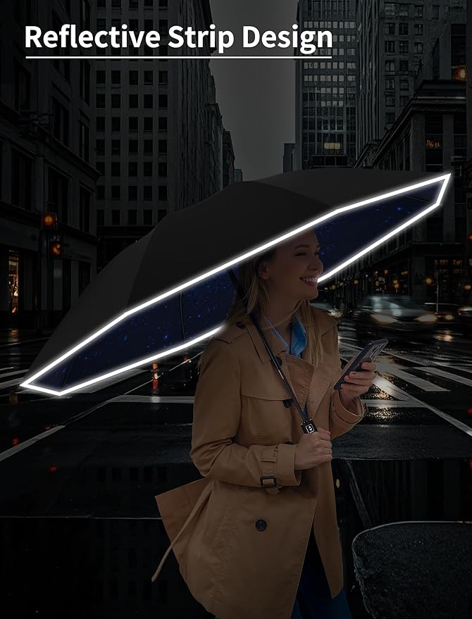 Seniny Inverted Travel Umbrella Compact - Windproof Umbrellas for Rain with Reflective Strip, Large UV Umbrella for Sun Protection, Automatic Portable Umbrellas Fold in Reverse for Car, Backpack