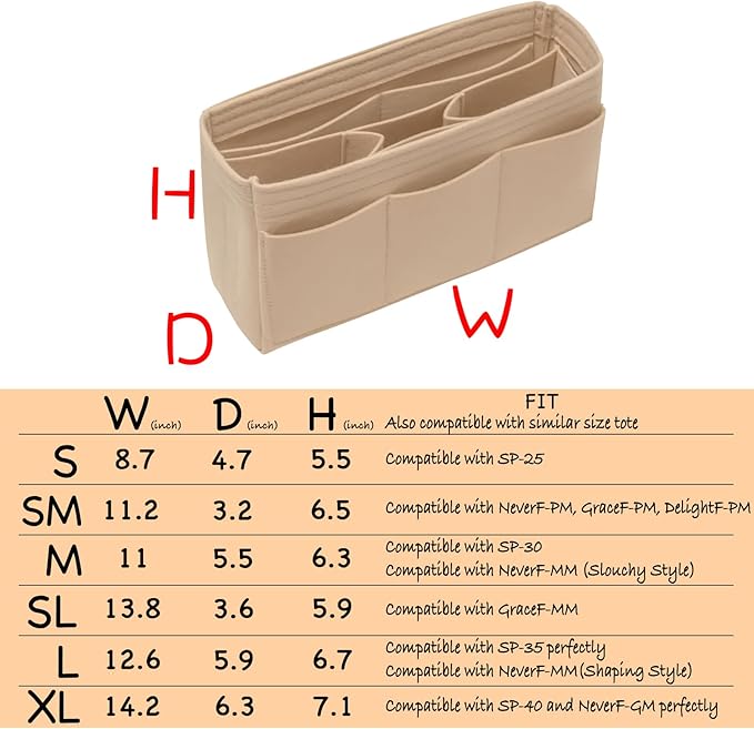 DailyPlus Purse Organizer Insert Felt Bag Organizer Handbag Organizer Insert Bag In Bag Organizer for Tote Purse Bag 14 Pockets Beige Slender Medium
