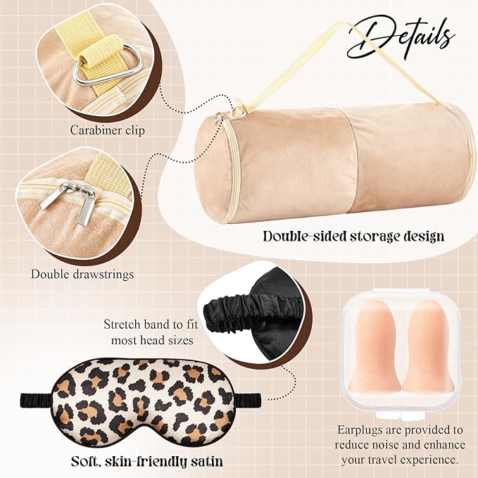 5 Pcs Travel Pillow and Blanket Set, 5 in 1 Travel Airplane Compact Includes 40 x 60 Inch Throw Blanket Eye Mask Neck Pillow Earplug and Bag Gifts for Travelers Women(Leopard Print,Brown)
