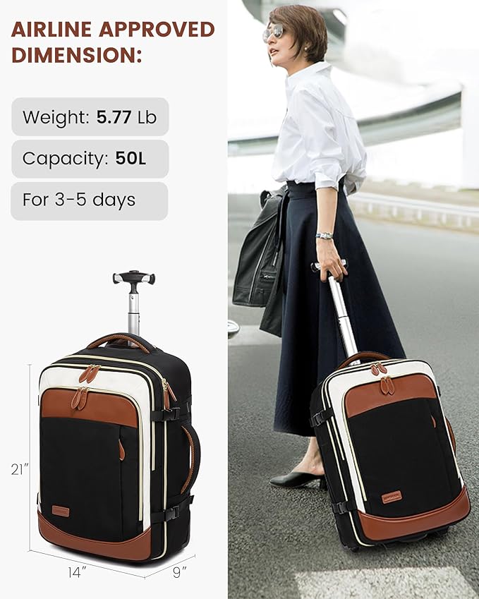 LOVEVOOK Rolling Backpack for Women, 50L Travel Backpack with Wheels, Carry on Luggage for Men, 17.3 Inch Wheeled Laptop Bag, Flight Approved Personal Item Suitcase