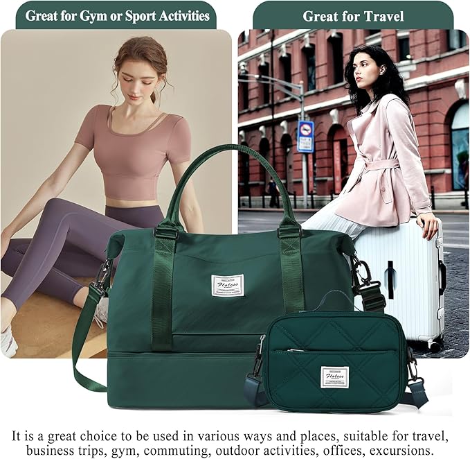 Weekender Bags for Women,Personal Item Travel Bag with Shoes Compartment,Overnight Travel Duffel Bag with Quilted Toiletry Bag,DarkGreen