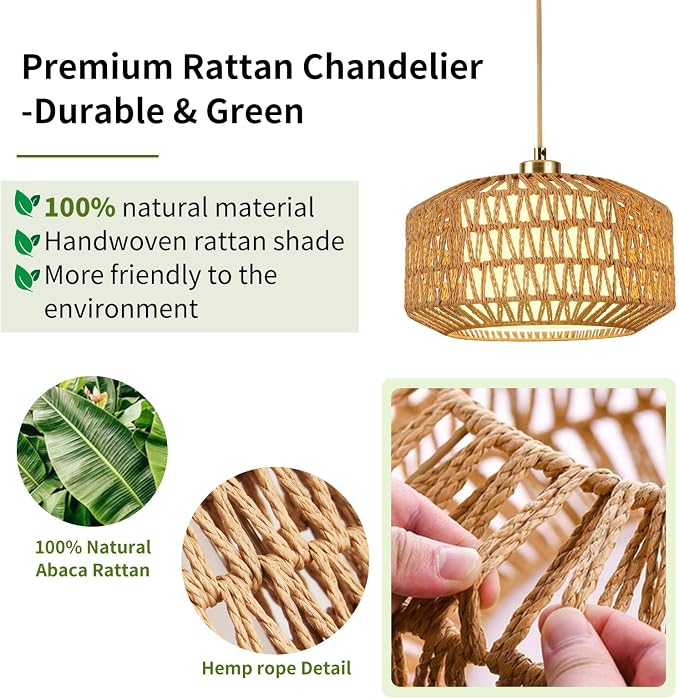 Plug in Pendant Light, Rattan Hanging Lights with Plug in Cord | Rattan Woven and Fabric 2 in 1 LampShade, Hanging Lamp Plug in for Bedroom Living Room Kitchen Island (Bulb Included)