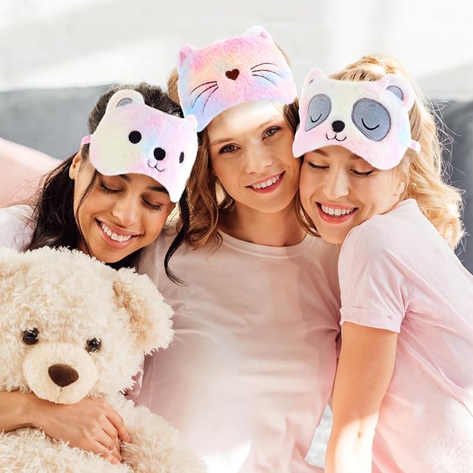 Geyoga Sleep Mask for Kids, Girls Plush Sleeping Eye Cover Soft Eye Blindfold Cover Animal Shade for Kids(Colorful,Cat, Bear, Panda Style)