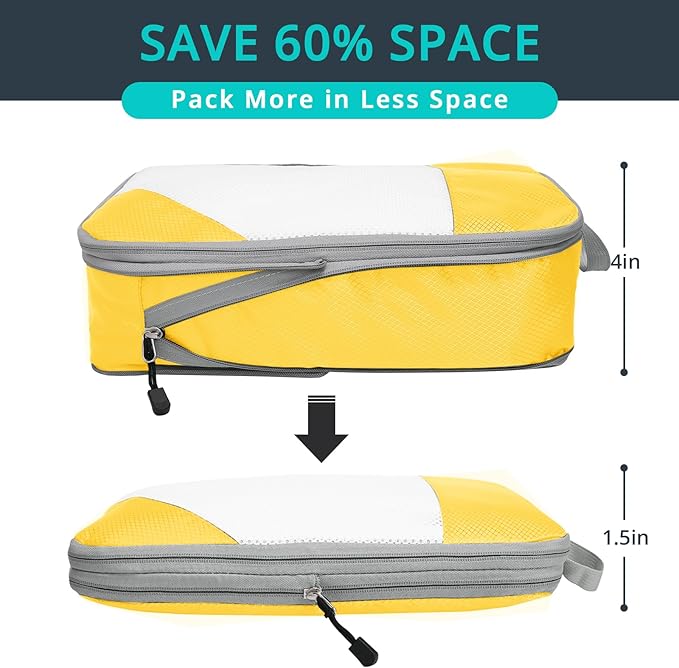 Compression Packing Cubes 6 Set, Compressible Space-Saving Packing Cubes for Travel - Compression Bags, Luggage Organizer, Travel Essentials for Women, Golden Yellow