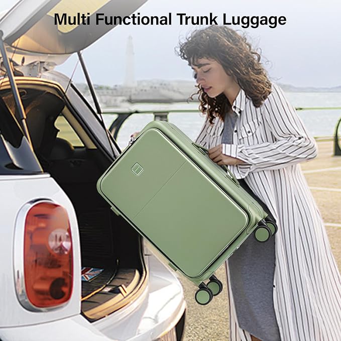 Hanke 24 Inch Luggage with Cup Holder and Charge,Top Opening Hard Shell Suitcases with Wheels and Dividers,Aluminum Frame Trunk Luggage Medium Checked Suitcase with Lock for Travel，Bamboo Green