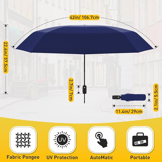 Windproof Travel Umbrella, Compact Umbrella, Car Umbrellas for Rain & Sun, 8 Fiberglass Ribs for Strong UV & Wind Resistance, Portable, Lightweight, Vent, Easy Automatic Open/Close