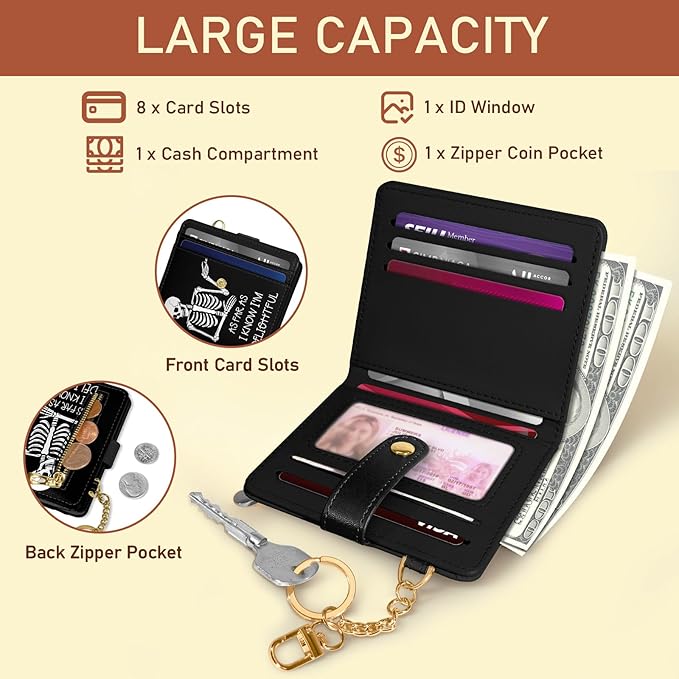 Jogjam Skull Skeleton Rfid Women Wallet, Small Slim Thin Credit Card Wallet, PU Leather Bifold Cash Zipper Coin Pocket ID Window for Female Ladies Teen Girls Girly
