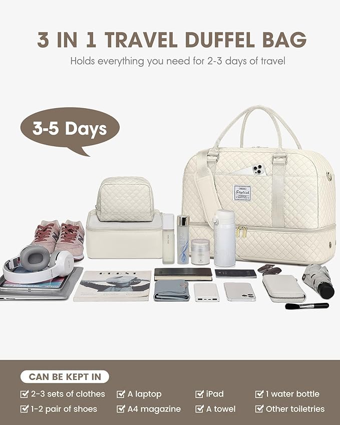 Weekender Travel Duffle Bag for Women: Overnight Bags with Shoe Compartment Carry on duffel Bag for Airplanes with 2 PCS Toiletry Bags Weekend Yoga Gym Hospital Bag with Wet Pocket Beige