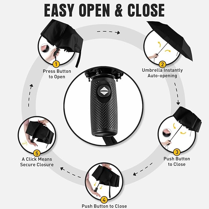 Windproof Travel Umbrella, Compact Umbrella, Car Umbrellas for Rain & Sun, 8 Fiberglass Ribs for Strong UV & Wind Resistance, Portable, Lightweight, Vent, Easy Automatic Open/Close