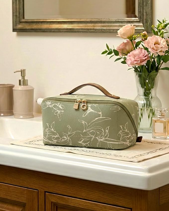 EACHY Travel Makeup Bag,Large Capacity Cosmetic Bags for Women,Waterproof Portable Pouch Open Flat Toiletry Bag Pattern Makeup Bag (F-Green-Large)