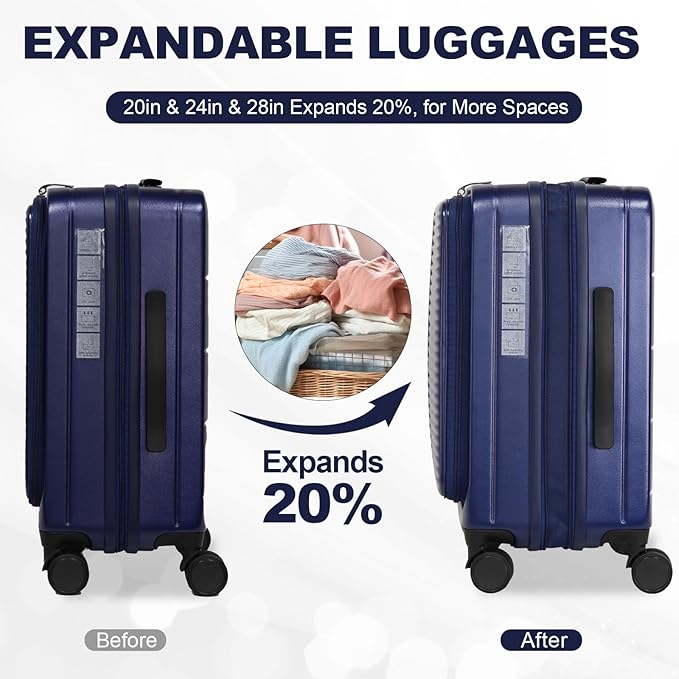 Merax Luggage Sets 3 Piece,Front Open PC Hardshell Expandable Carry on Suitcase with Spinner Wheels and TSA Lock,Lightweight 20in/24in/28in Luggage,Aqua Blue