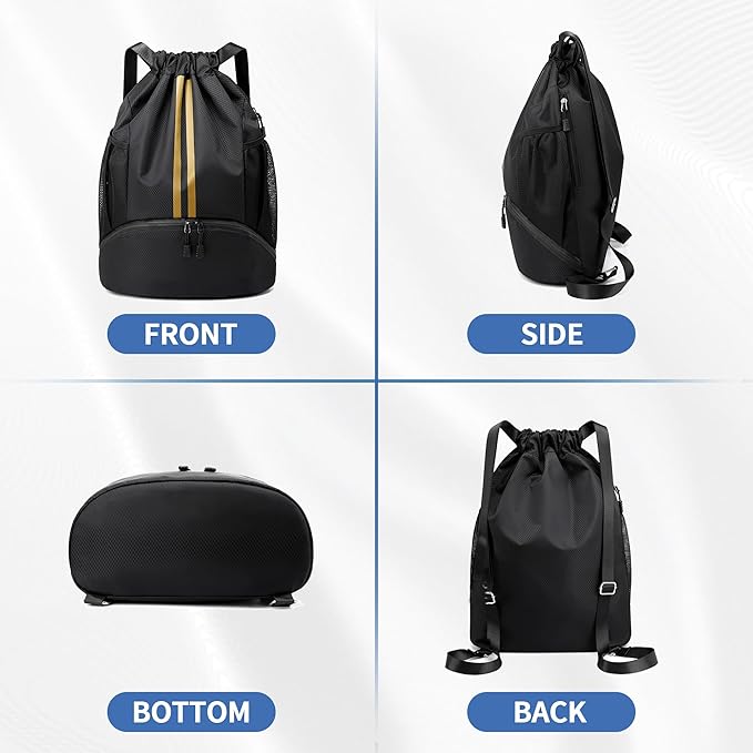 Drawstring Backpack Gym Bag with Shoes Compartment for Soccer, Basketball, Swim, Water-Resistant String Backpack Beach Cinch for Women Men, Black Gold