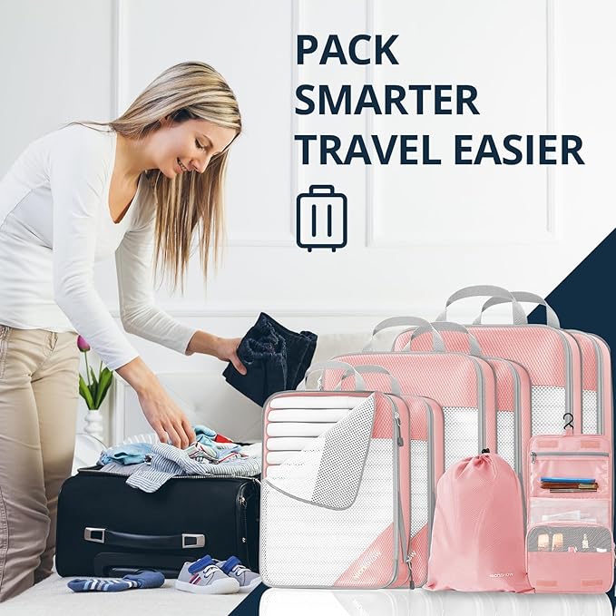 Compression Packing Cubes 8 Set, Compressible Space-Saving Packing Cubes for Travel - Compression Bags, Luggage Organizer, Travel Essentials for Women, Beige
