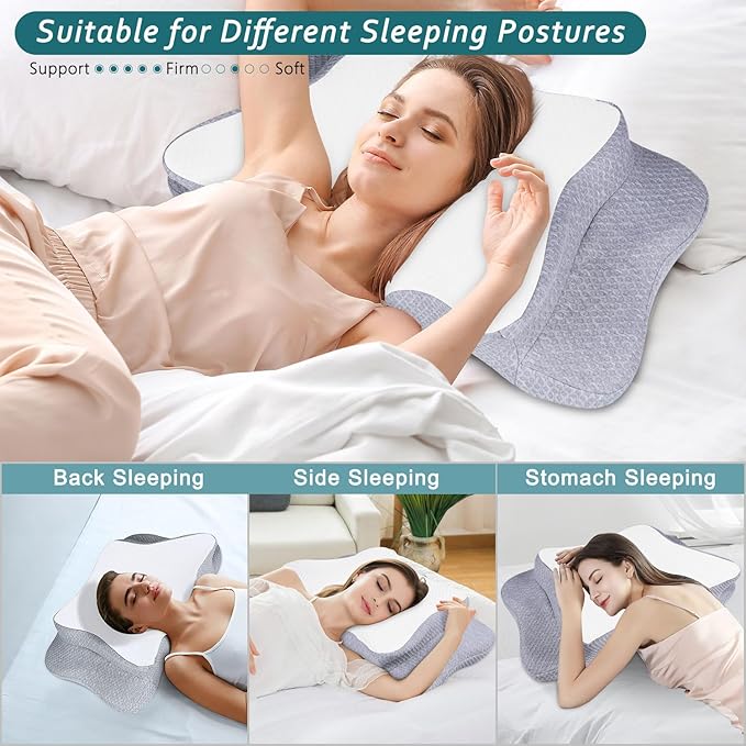 Cervical Neck Pillow for Pain Relief Sleeping, Memory Foam Pillows, Ergonomic Side Sleeper Pillows, Cooling Orthopedic Neck Support Pillow for Back Stomach Sleepers-Queen Size White&Grey