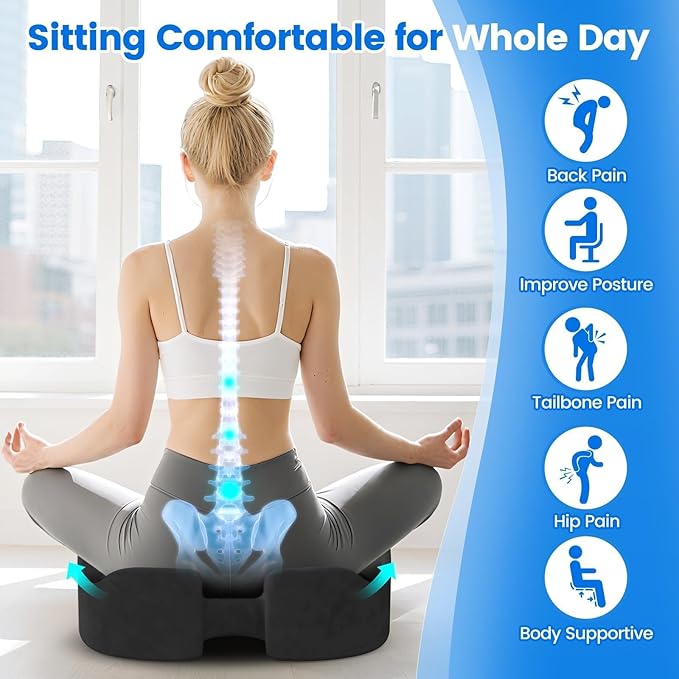 Seat Cushion with Carry Handle, Memory Foam for Tailbone/Sciatica Easing, Chair Cushions for Cars, Desks, Office Chair Cushion with Non-Slip Design, Ideal for Post-Surgery Recovery (Grey)
