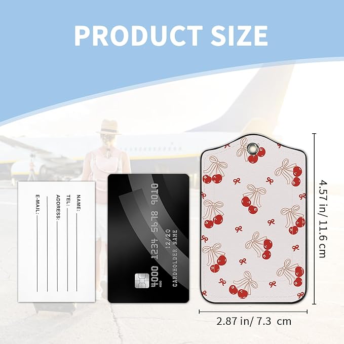 2 Pcs Luggage Tag for Suitcases, Cherry Bows Cute PU Leather Suitcase Tag Privacy Cover ID Label with Metal Loop, Personalized Baggage Identifier for Women Cruise Bag Travel Essentials