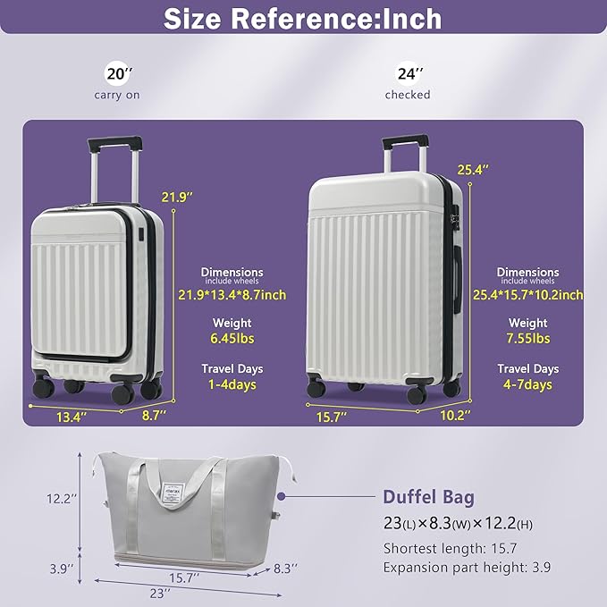 Merax Luggage Sets 2 Piece Front Opening, Hardside Lightweight Carry on Suitcase with USB Port,Durable Expandable Luggage with Bags Spinner Wheels and TSA Lock,White Grey