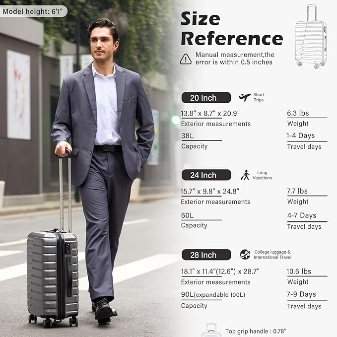 Coolife Medium Checked Luggage with Spinner Wheels, Hardside Suitcase TSA Lock Lightweight Travel Luggage 24-inch,Gray